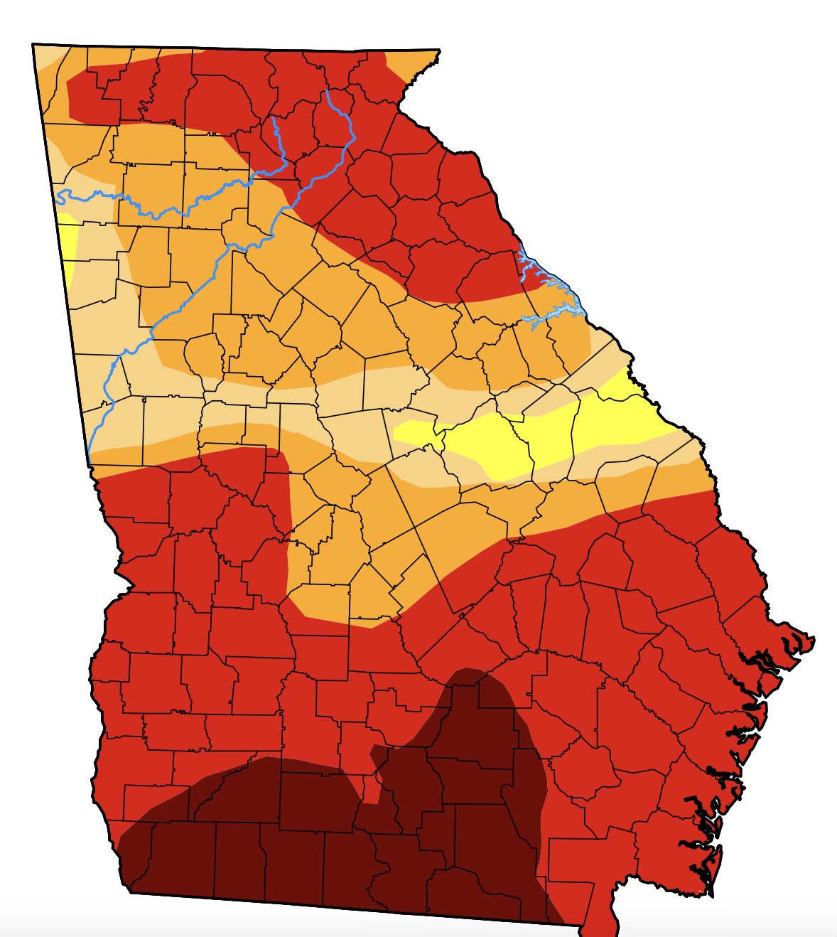 Map of Georgia displaying drought conditions by county using color shading ranging from yellow to dark red. Light yellow areas indicate lower drought severity, while orange, red, and dark red areas indicate increasingly severe drought conditions. Most of southern Georgia and portions of northern and eastern Georgia are shown in severe to extreme drought conditions, represented by red and dark red shading. Central Georgia contains a mix of moderate drought conditions in tan and orange shades. A narrow band across parts of east-central Georgia shows lighter drought intensity in yellow. County boundaries and major waterways are outlined on the map. The image emphasizes the widespread and severe drought affecting much of Georgia.